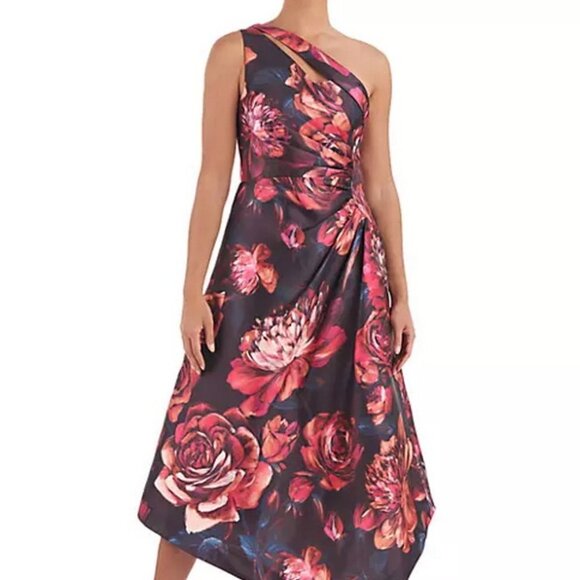 Kay Unger Iris Oxblood Multi Floral One-Shoulder Handkerchief Hem Midi Dress - Picture 1 of 4
